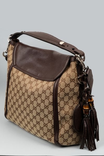 Gucci Deri Kapaklı ve Aksesuarlı Kumaş Çanta